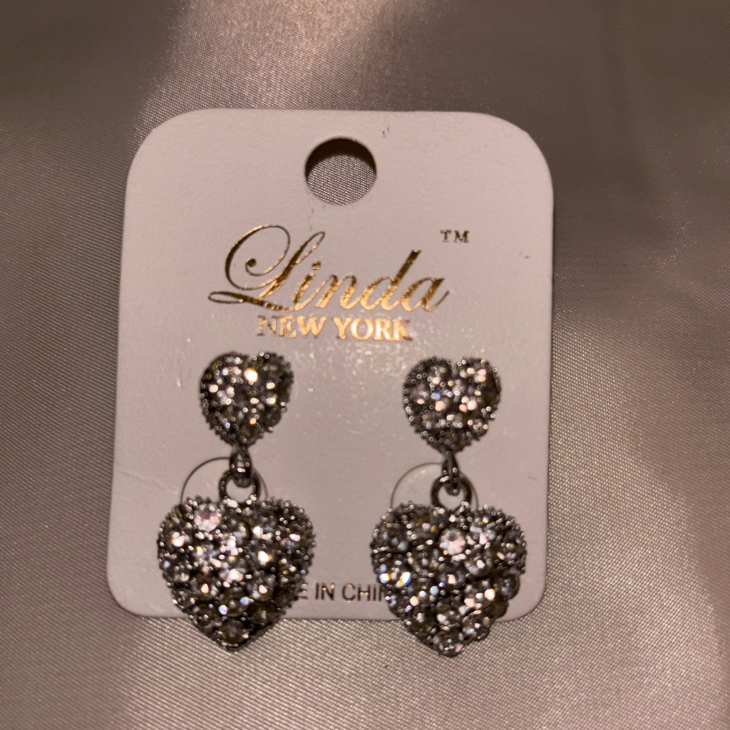 Nwt Silver Double Heart Crystal Dangle Earrings